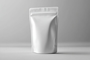 Simple white packaging bag stands upright on a neutral background showcasing its shape and design
