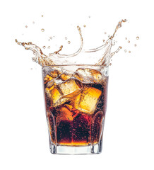 Splashing cola with ice cubes in glass, cut out - stock png.