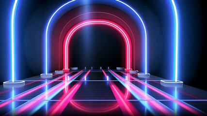 Abstract neon geometric background with glowing arches and light trails - Powered by Adobe