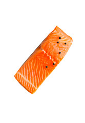 Top view photo of a fillet or piece of raw salmon meat with pepper or spices prepared for cooking isolated and generated with AI in png file format