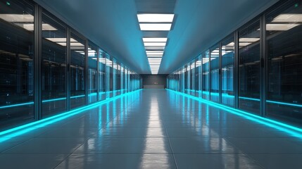 Futuristic long hallway adorned with blue lights illuminating the design of tomorrow's server rooms
