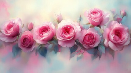Watercolor pink roses are displayed on soft background. Use it for cards, invites, wallpaper, and digital backgrounds.