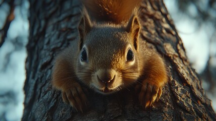 Fototapeta premium Squirrel on tree trunk close-up