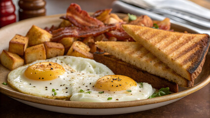 Sunny-Side-Up Eggs with Bacon and Grilled Toast Breakfast Plate