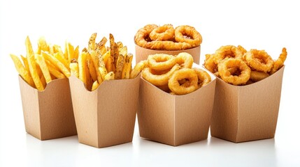 Group of carton boxes with curly fries and wedges on white background