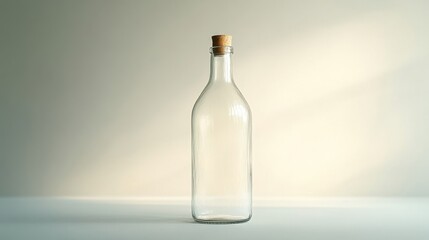 Fototapeta premium Transparent, empty bottle isolated on a clean white background. Subtle imperfections and soft lighting add to the realistic look