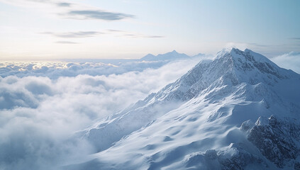 Majestic snow capped peaks piercing the heavens amidst swirling clouds
