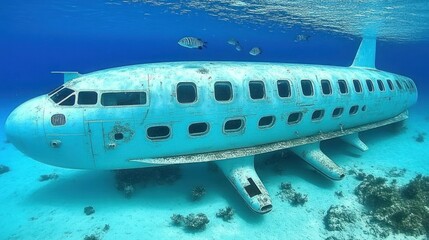 Underwater airplane wreck, vibrant coral reef, shallow ocean depths