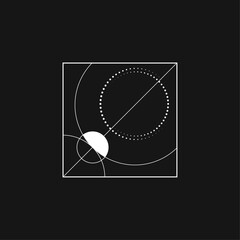 Minimalist Geometric Abstract with Circles and Lines on Black Background