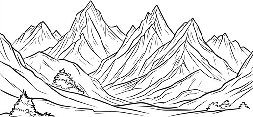 Monochrome mountain range landscape illustration for coloring and design