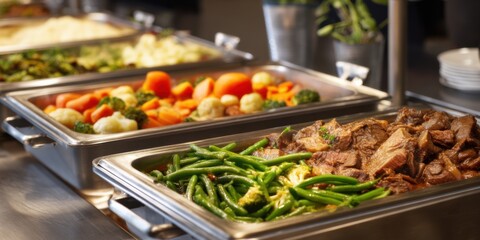 Obraz premium Delicious buffet spread featuring meat, vegetables, and sides at a dining event