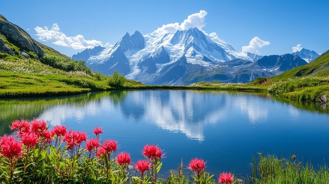 Stunning alpine lake with majestic snow capped mountains and vibrant red flowers sky view blue calm