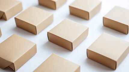 Group of empty folded carton boxes arranged on white background