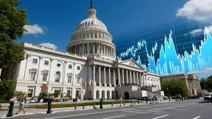 Capitol Hill Analysis: A wide shot captures the iconic dome of the U.S. Capitol building juxtaposed with a dynamic stock chart, symbolizing the intersection of government and finance.