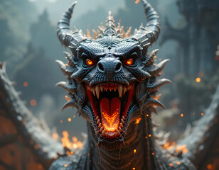 Fototapeta premium Intense portrait of a menacing dragon with glowing eyes and fiery breath in a misty landscape