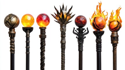 Group of fire-themed staffs with burning ember orbs on white background.