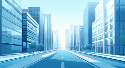 A bustling cityscape avenue with towering modern skyscrapers.