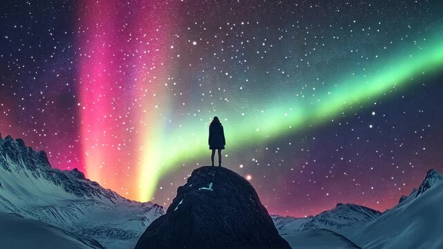 Captivating Aurora Borealis Display over Snow-Capped Mountains with Lone Figure