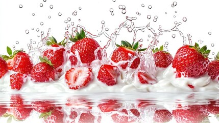 Group of fresh strawberries being dropped into thick vanilla yogurt, creating a splash effect on white background.