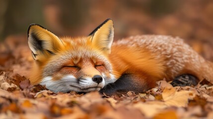 Fototapeta premium Red fox sleeping autumn leaves forest wildlife nature
