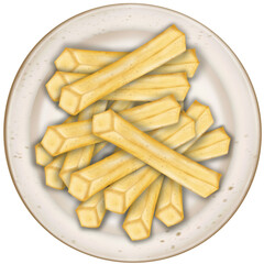 French fries illustration. Potato street fast food menu hand drawn. French fried potato in cardboard pack box. Fast food, junk.