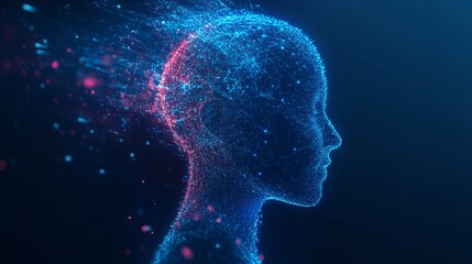 Abstract digital human head profile blue pink network lines ai art data mesh glow light future modern