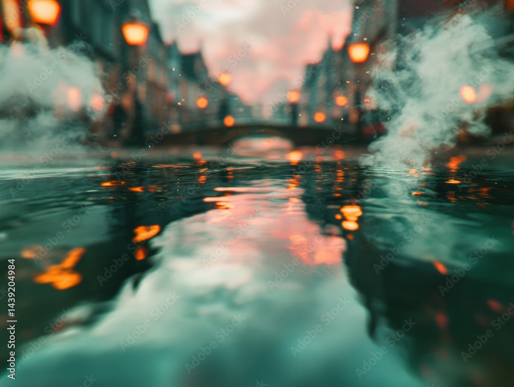Poster ethereal urban dreamscape moody cinematic canal visualization with atmospheric bokeh - immersive dig