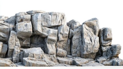 Group of granite cliffs with rough, layered surfaces on white background