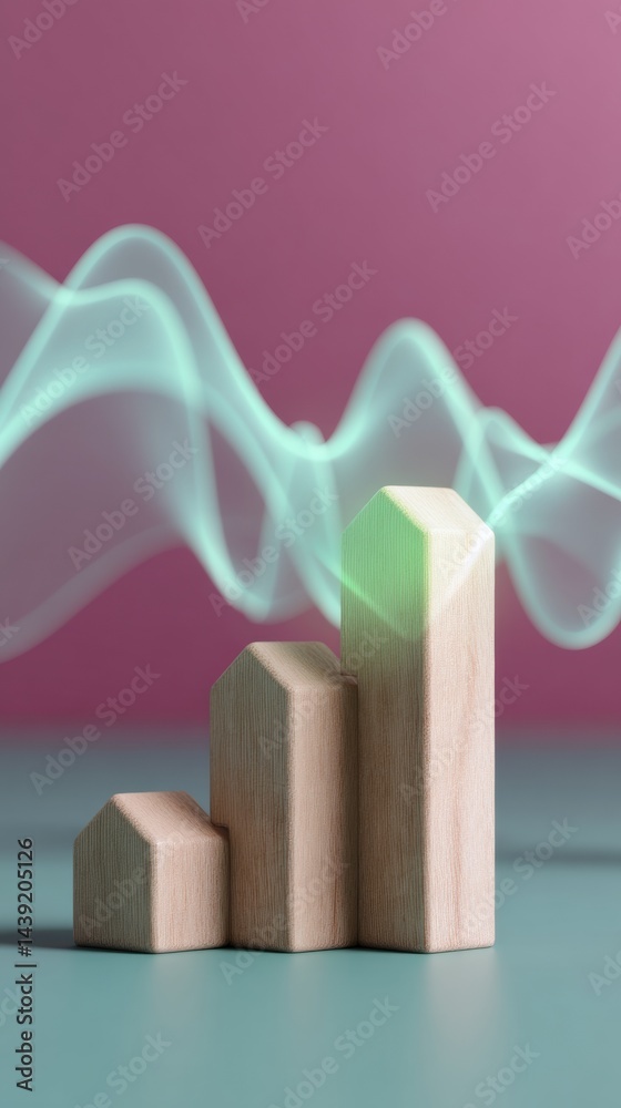 Aufkleber Minimalist Economic Recovery Visualization Pastel Wooden Growth Blocks with Dynamic Wave Analytics - Innovative Business Strategy and Transformative Growth Modeling