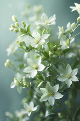Fototapeta premium White jasmine flower vines blooming with fresh green leaves under soft sunlight against a pastel light green background for serene beauty stock photo floral botanical wallpaper background