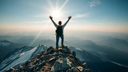 Achieving Goals, Man on Mountain Top Celebrates Success and Personal Victory