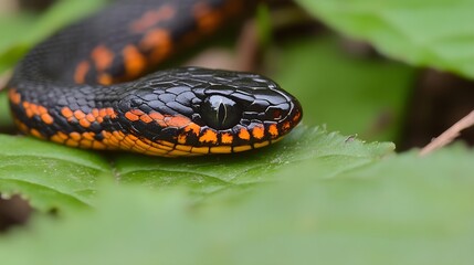 Obraz premium Ancient greek style chaos monzeta snake in lush green environment close-up view