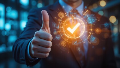Business Success Concept Thumbs Up from a Confident Man with Digital Verification Checkmarks in a Corporate Environment