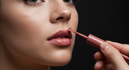 Detailed Macro Portrait of Woman Receiving Lip Gloss Application Against Dark Backdrop Displaying Refined Aesthetic With Precision