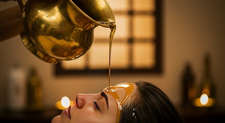 Woman Receiving Ayurvedic Shirodhara Oil Treatment Golden Liquid Flowing from Brass Vessel