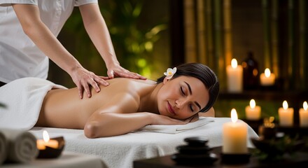Obraz premium Relaxing Back Massage for Woman with Dark Hair in Tranquil Spa Setting with Candles and Bamboo