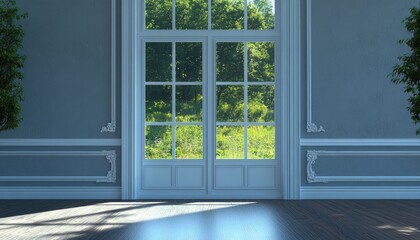 Fototapeta premium Elegant Room French Doors Green View Sunlight