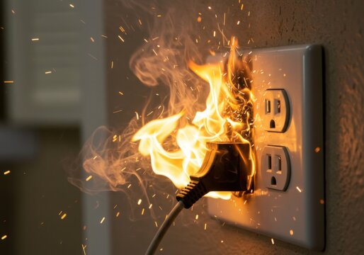 US Electrical outlet fire caused by plugged-in cord in socket with flames, smoke, sparks. Risks of faulty wiring, short circuit, fire hazards, home safety. Perfect for danger awareness, insurance