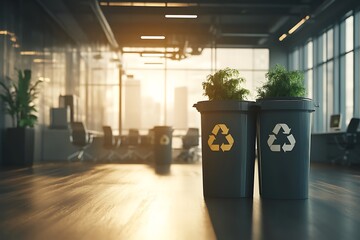 Recycling bins in a modern corporate office urban environment interior design sustainability
