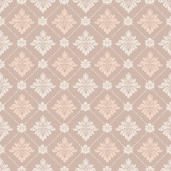 Vintage-inspired beige damask pattern with floral details and elegant diamond grid arrangement. Perfect for wallpaper, textiles, stationery, and digital projects.