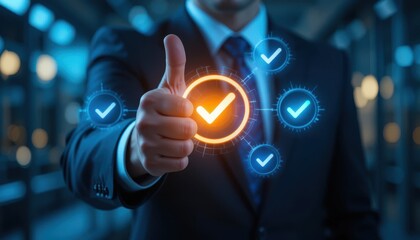 Business Success Concept Thumbs Up from a Confident Man with Digital Verification Checkmarks in a Corporate Environment