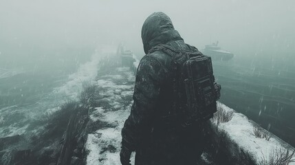 Hooded figure gazes at bleak stormy sea
