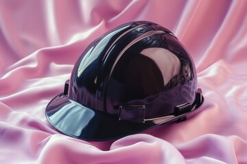 Close-up of a dark safety helmet on pink fabric.