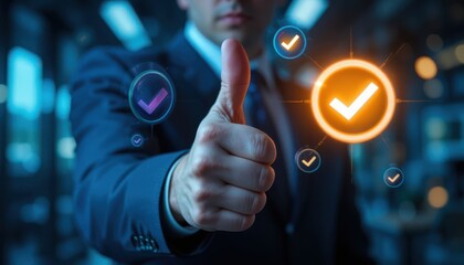 Thumbs Up Gesture in Business Suit. Digital Check Icons Representing Achievement, Reliability, and Quality Assurance