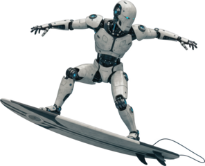 Futuristic Robot Surfer Riding Wave Advanced AI Cyborg on Surfboard Technology Innovation