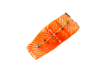Top view photo of a fillet or piece of raw salmon meat with pepper or spices prepared for cooking isolated and generated with AI in png file format