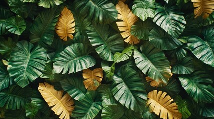 Lush tropical leaf haven with golden highlights