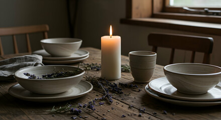 Rustic table setting with ceramic bowls plates candle and dried lavender creating a cozy and inviting atmosphere