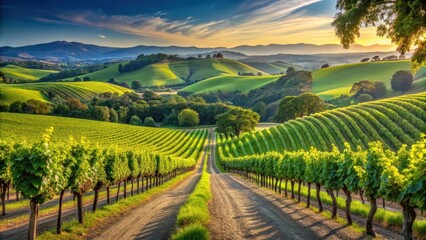 Obraz premium Rolling hills of a European vineyard with lush green grapes and oak trees in the background, summer foliage, wine country views