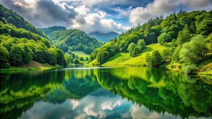 Hillsides surrounded by lush green vegetation with a serene lake nestled at the bottom, reflecting the natural beauty of nature, tranquil atmosphere, natural beauty